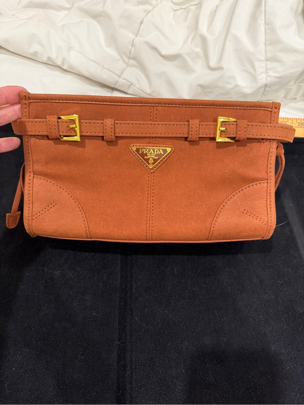 Prada small Bonnie Belt-Trim crossbody bag in Rust Orange with Gold Hardware